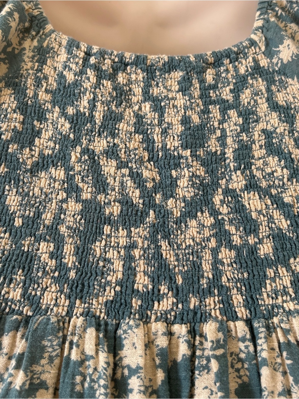 FREE PEOPLE "Ellie" Teal/Cream Floral Boho Puff Sleeve Dress, Size S,  W/Defect - Picture 6 of 9
